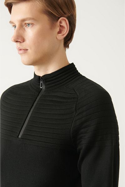 Avva Men's Black Half Zipper Stand Collar Knit Detailed Cotton Regular Fit Knitwear Sweater