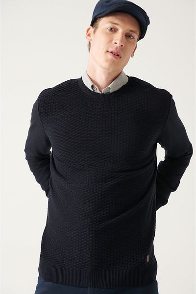 Avva Men's Navy Blue Crew Neck Front Textured Regular Fit Knitwear Sweater A22y5070