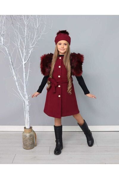 By Feyza Kids Collection Girl's Stamped Button Detailed Vest & Stitched Beret