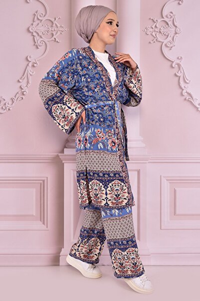 ModaMerve Blue Combination Belted - Nev14940