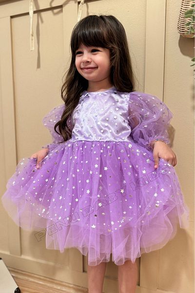 penu baby kids Liliac cu model stea - Rochie pentru fetiță cu mâneci cu balon