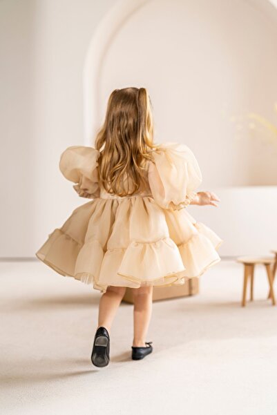 Linola Baby Kids Bej Şifon Kız Çocuk Parti Elbisesi - Puffy