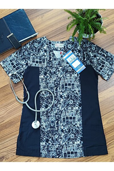 IG Yanları Lacivert Mekanizma Desenli Likralı  Doktor Hemşire Hastane Tek Üst...
