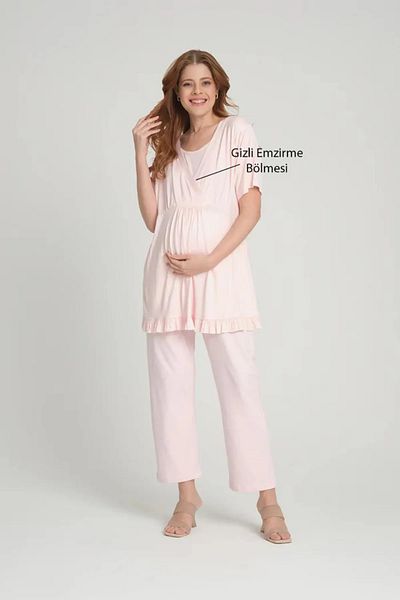 Lohussa Pink Design Flounce Sleeve maternity and maternity Dressing Pajama Set - 100% Cotton