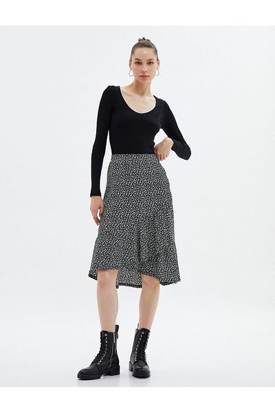 Koton Midi Floral Skirt Double Breasted Asymmetrical Ruffles Relaxed Cut