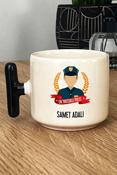 Hedizu Kişiye Özel Erkek Polis Kupa Bardak T Kulplu Siyah Polisler Günü Hediyesi