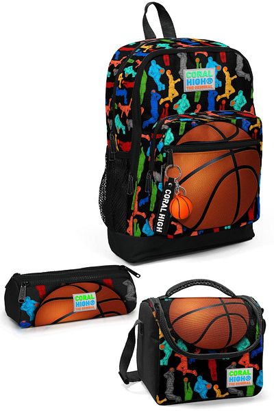 Coral High Set de genți de școală din 3 piese cu model de baschet negru pentru copii 0123471