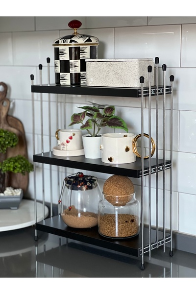 GUHEF ÜÇLÜ TEL RAF Mutfak Raf KROM SİYAH Tezgah Üstü Raf Kahve Köşesi Raf Ban...