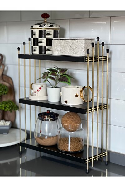 GUHEF ÜÇLÜ TEL RAF Mutfak Raf GOLD SİYAH Tezgah Üstü Raf Kahve Köşesi Raf Banyo Raf Baharatlık