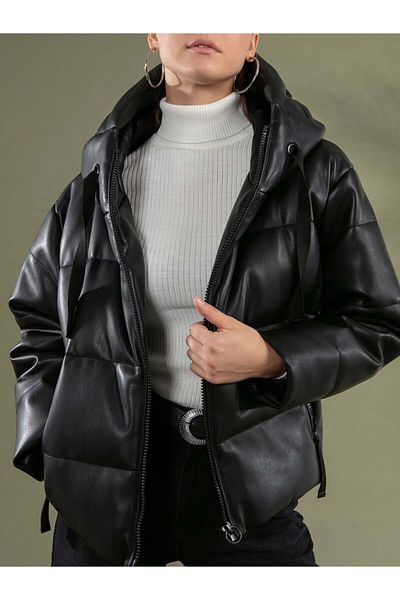ZAFİR BUTİK Palton din piele artificială cu glugă neagră de damă