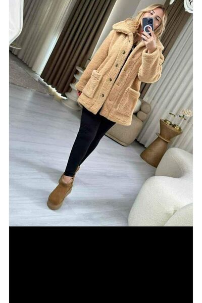 GENÇ MODA Oversize Yakalı Düğmeli Astarsız Içi Dışı Welsoft Peluş Ceket