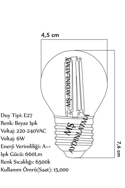 MŞ Aydınlatma E27 Duylu Bakkal 6 Watt Beyaz Işık Led Filament Rustik Şeffaf Cam Ampul G45