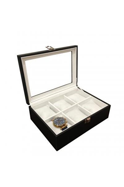 kutuveaksesuar Saat Kutusu 6 Lı Camlı Siyah Içi Beyaz Ahşap Kasa Üzeri Suni Deri Kaplama