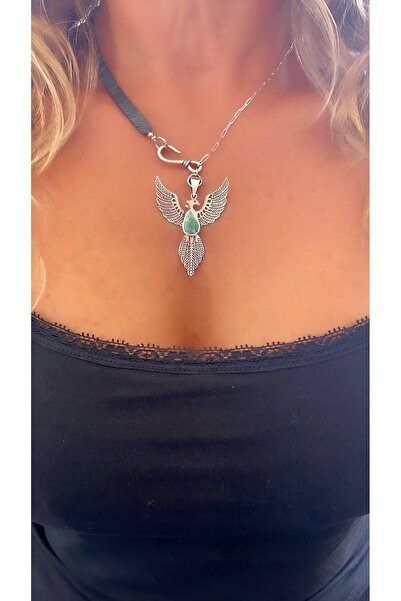 splashtakı 925 Ayar Gümüş El İşi Kök Zümrüt Taşlı Anka Kuşu Kolye