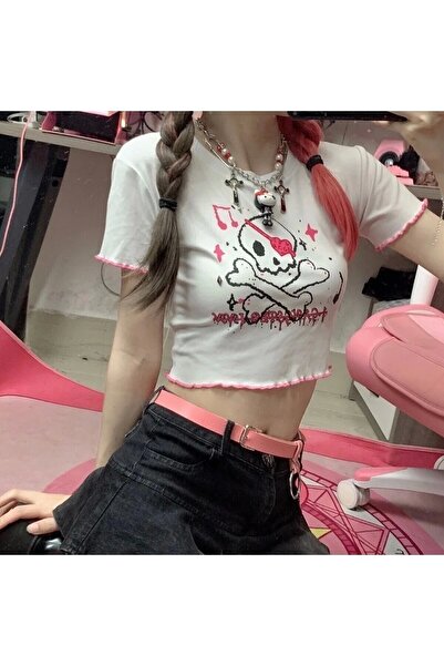 DarkellaStore Μπλουζάκι Lolita Harajuku Skull με κοντό μανίκι σε ροζ χρώμα