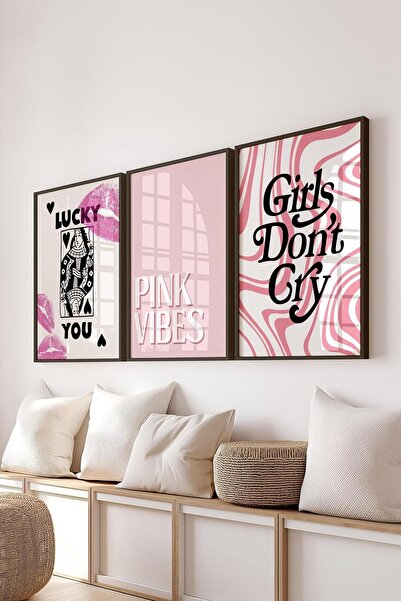 Postifull Pembe Tablo Seti, 3 Adet Siyah Çerçeve ve Poster - Yatak Odası Dekoru, Mutfak, Salon Duvar Dekoru