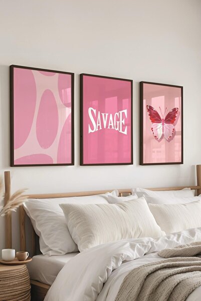 Postifull Pink Painting Set,3 Pcs Black Frame and Poster - Decor for Bedroom, Kitchen, Living Room Wall Decor
