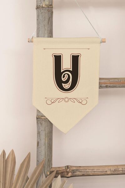 Postifull Decor pentru camera copiilor, ornament de perete, decor din lemn pentru camera bebelusului, streamer din panza, litera U maro