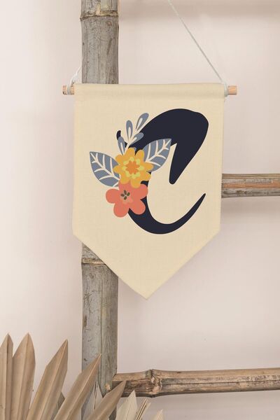 Postifull Decor pentru camera copiilor, ornament de perete, decor din lemn pentru camera bebelusului, streamer din panza, litera C cu flori albastru inchis