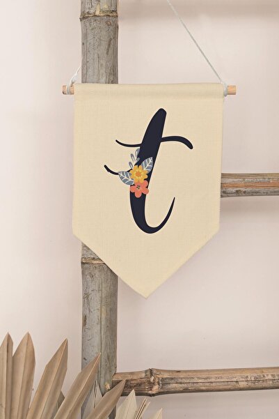 Postifull Decor pentru camera copiilor, ornament de perete, decor din lemn pentru camera bebelusului, streamer din panza, litera T cu flori albastru inchis