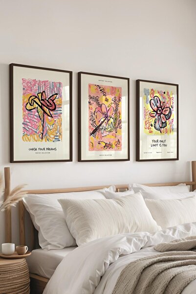 Postifull Renkli Minimalist Tablo Seti, 3 Adet Siyah Çerçeve ve Poster - Yata...