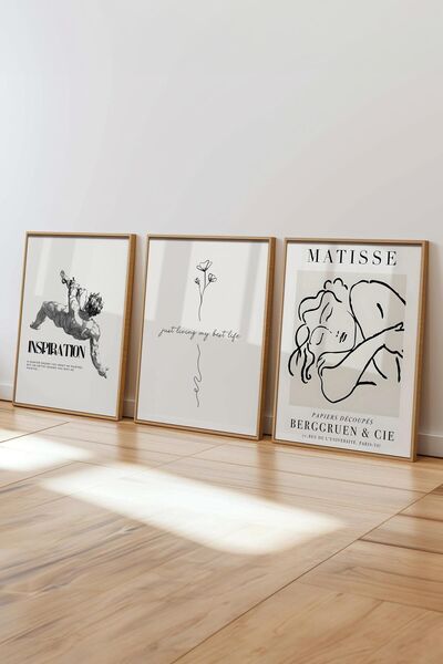 Postifull Bej Modern Tablo Seti, 3 Adet Ahşap Çerçeve ve Poster, Motivasyon ve Matisse Duvar Dekoru