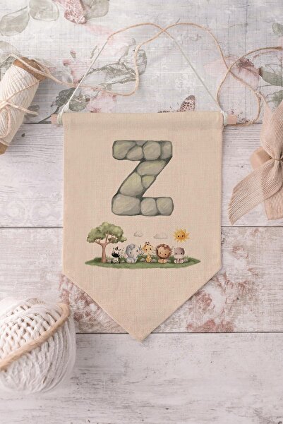 Postifull Kids Room Decor, Wall Ornament, Wooden Baby Room Decor, Canvas Pennant, Safari and Animal Letter Z