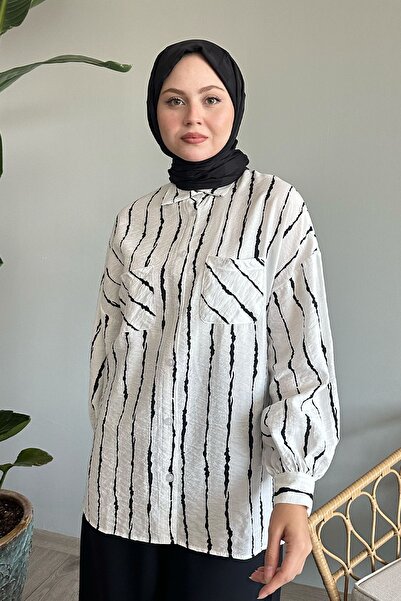 InStyle Batik Şeritli Salaş Beyaz Gömlek