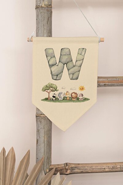 Postifull Kids Room Decor, Wall Ornament, Wooden Baby Room Decor, Canvas Pennant, Safari and Animal Letter W