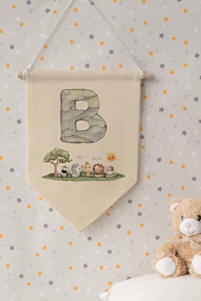 Postifull Kids Room Decor, Wall Ornament, Wooden Baby Room Decor, Canvas Pennant, Safari and Animal Letter B