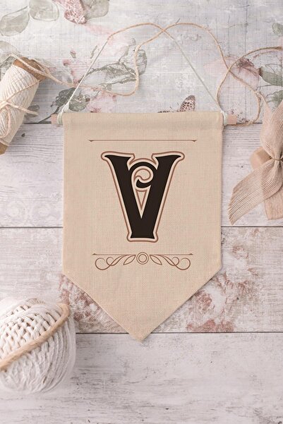 Postifull Kids Room Decor, Wall Ornament, Wooden Baby Room Decor, Canvas Pennant, Brown Letter V