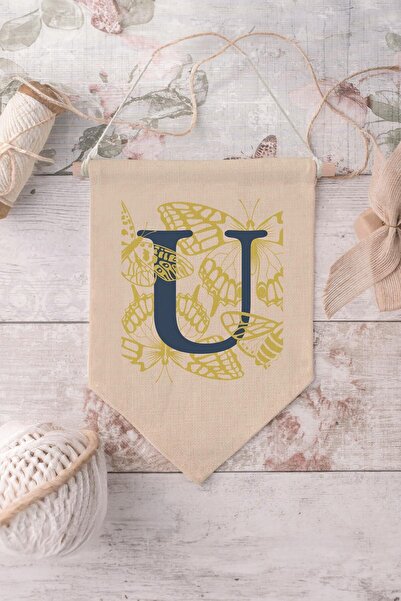 Postifull Kids Room Decor, Wall Ornament, Wooden Baby Room Decor, Canvas Pennant, Navy Blue and Yellow Floral Pattern