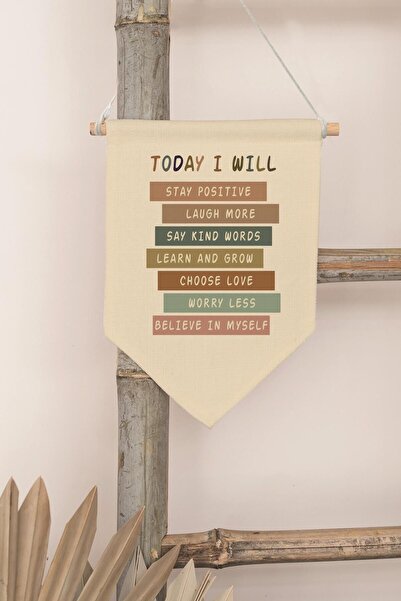 Postifull Children's Room Decor, Wall Ornament, Wooden Baby Room Decor, Canvas Pennant, Today I Will - Motive - Pastel