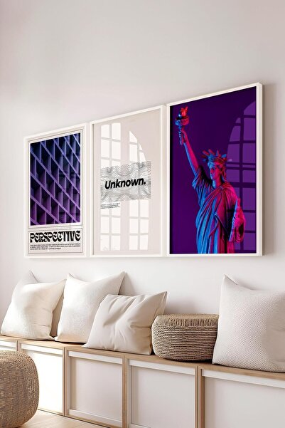 Postifull Mor Tablo Seti, 3 Adet Beyaz Çerçeve ve Poster - Yatak Odası Dekoru...