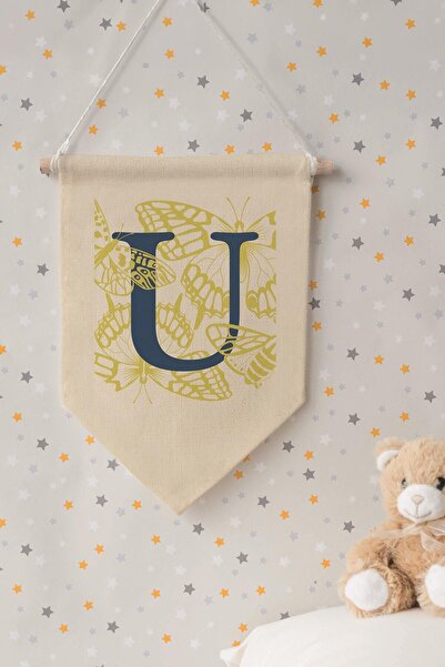 Postifull Kids Room Decor, Wall Ornament, Wooden Baby Room Decor, Canvas Pennant, Navy Blue and Yellow Floral Pattern
