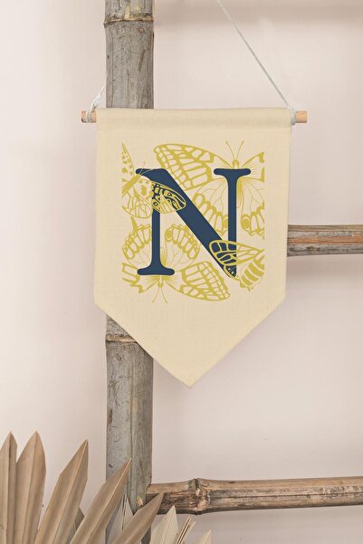 Postifull Kids Room Decor, Wall Ornament, Wooden Baby Room Decor, Canvas Pennant, Navy Blue and Yellow Floral Pattern