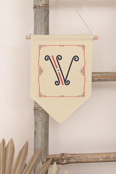 Postifull Decor pentru camera copiilor, ornament de perete, decor din lemn pentru camera bebelusului, streamer din panza, litera V monograma