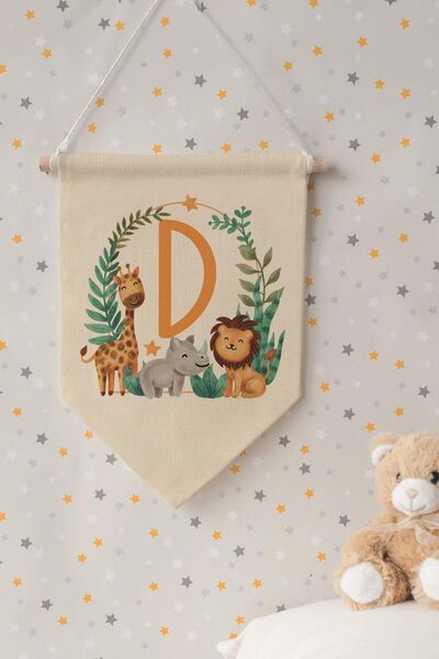 Postifull Kids Room Decor, Wall Ornament, Wooden Baby Room Decor, Canvas Pennant, Safari and Animal Letter D