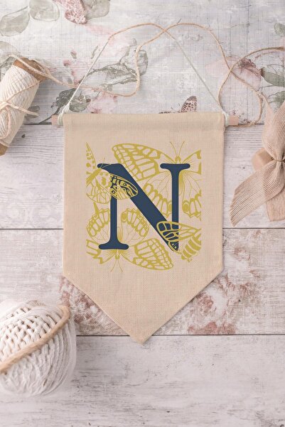 Postifull Kids Room Decor, Wall Ornament, Wooden Baby Room Decor, Canvas Pennant, Navy Blue and Yellow Floral Pattern
