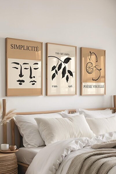 Postifull Kahverengi Minimalist Tablo Seti, 3 Adet Ahşap Çerçeve ve Poster - Mutfak, Salon, Yatak Odası Dekoru