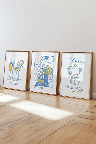 Postifull Minimalist Tablo Seti, 3 Adet Ahşap Çerçeve ve Poster - Yatak Odası, Salon, Mutfak Duvar Dekoru