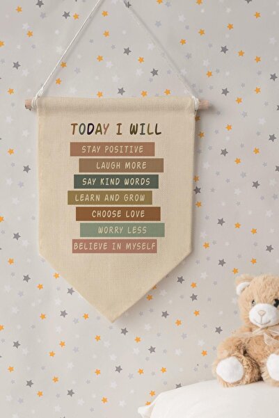 Postifull Children's Room Decor, Wall Ornament, Wooden Baby Room Decor, Canvas Pennant, Today I Will - Motive - Pastel