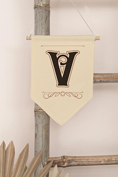 Postifull Kids Room Decor, Wall Ornament, Wooden Baby Room Decor, Canvas Pennant, Brown Letter V