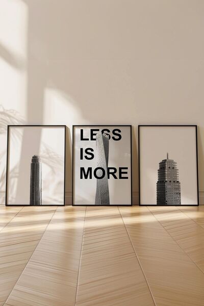 Postifull Siyah Beyaz Tablo Seti, 3 Adet Siyah Çerçeve ve Mimari Poster - Yatak Odası, Mutfak, Salon Dekoru