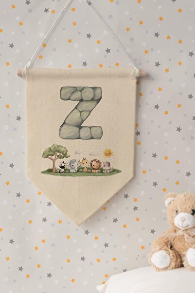 Postifull Kids Room Decor, Wall Ornament, Wooden Baby Room Decor, Canvas Pennant, Safari and Animal Letter Z