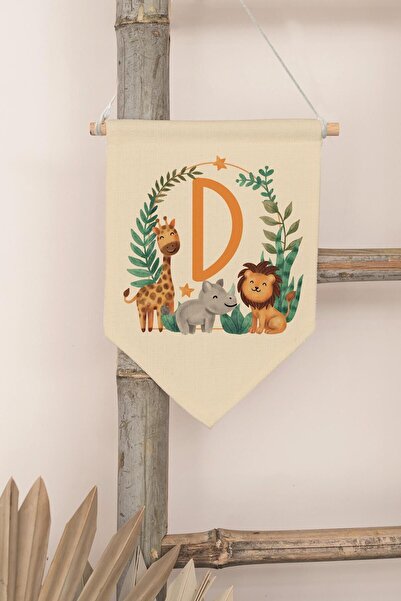 Postifull Kids Room Decor, Wall Ornament, Wooden Baby Room Decor, Canvas Pennant, Safari and Animal Letter D
