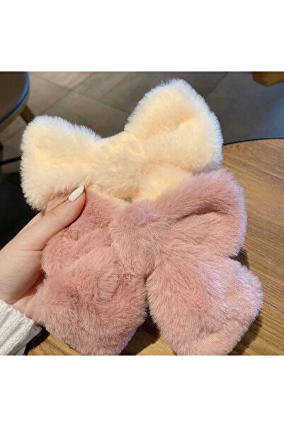 Elvinege Aksesuar 2 Adet Peluş Fiyonk Toka Lüx Ithal Tavşan Tüyü Pembe Ve Ekr...