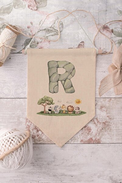 Postifull Kids Room Decor, Wall Ornament, Wooden Baby Room Decor, Canvas Pennant, Safari and Animal Letter R