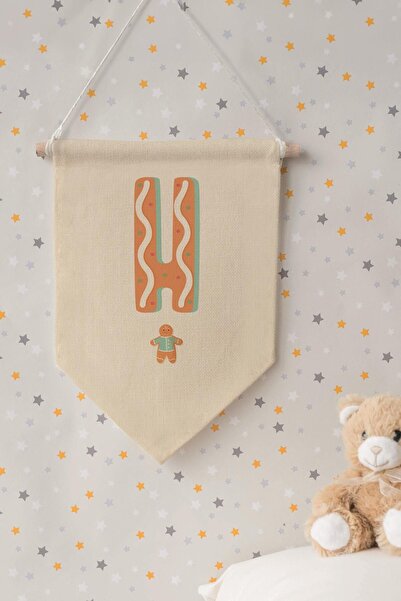 Postifull Children's Room Decor, Wall Ornament, Wooden Baby Room Decor, Canvas Pennant, Orange Cookie Patterned H Har