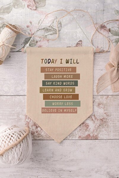 Postifull Children's Room Decor, Wall Ornament, Wooden Baby Room Decor, Canvas Pennant, Today I Will - Motive - Pastel